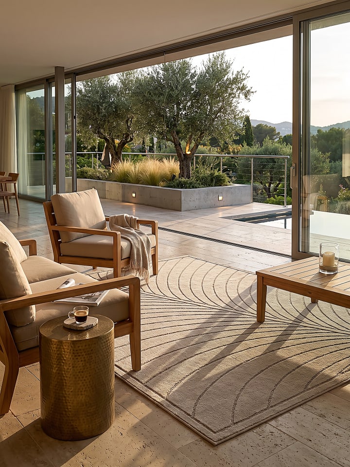 Outdoor-Teppich ENGADIN Blattmuster Kurzflor Wohnzimmer Veranda in Beige