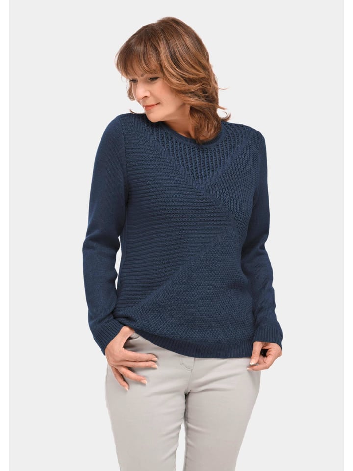 Kurzgröße:  Eleganter Glanzpullover, Ajourmuster in marine