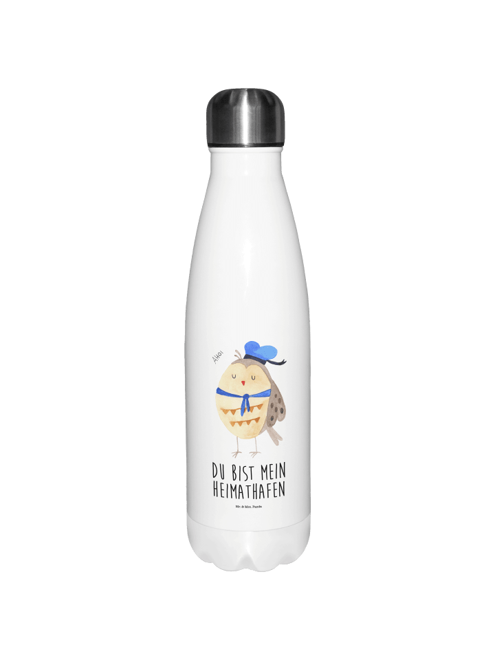 Trinkflasche Edelstahl Eule Matrose mit Spruch in Weiß