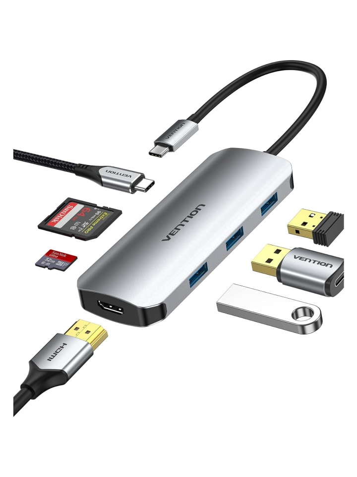 USB-C-Hub, Multiport-Adapter, Dock, 7-in-1 100W in Schwarz