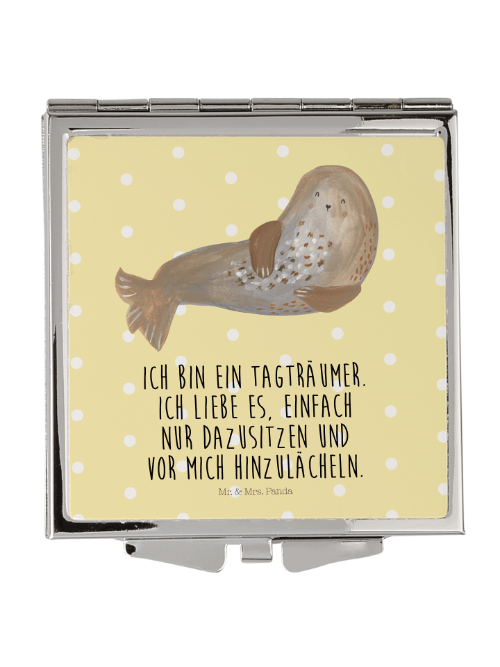 Handspiegel Robbe Lachen mit Spruch in Gelb Pastell