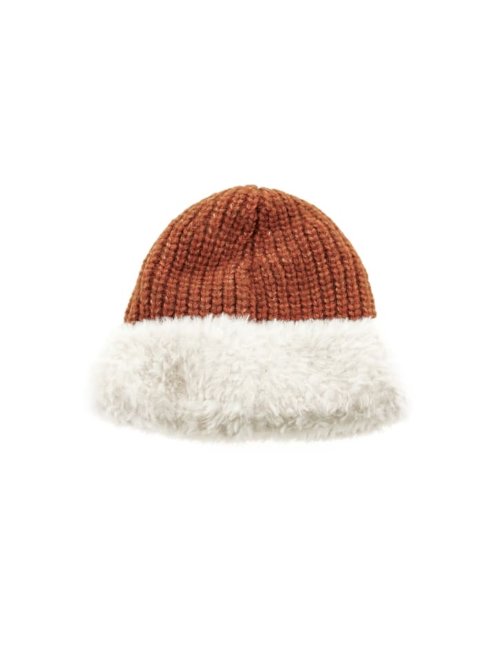 Strickmütze mit weißem Plüsch Wintermütze OneSize für Unisex in Rostrot