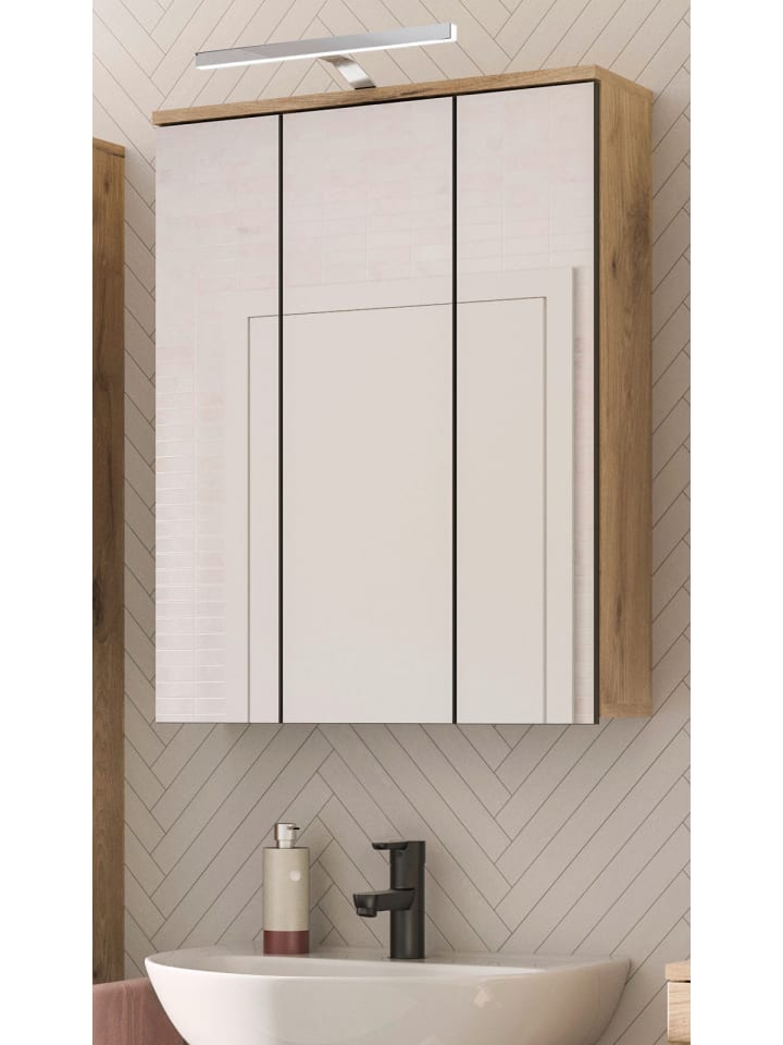 Spiegelschrank Eiche 60 x 77 cm Badschrank 3-türig mit Soft-Close