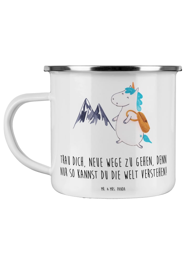 Emaille Tasse Unbekannte Orte erkunden mit Spruch in Weiß