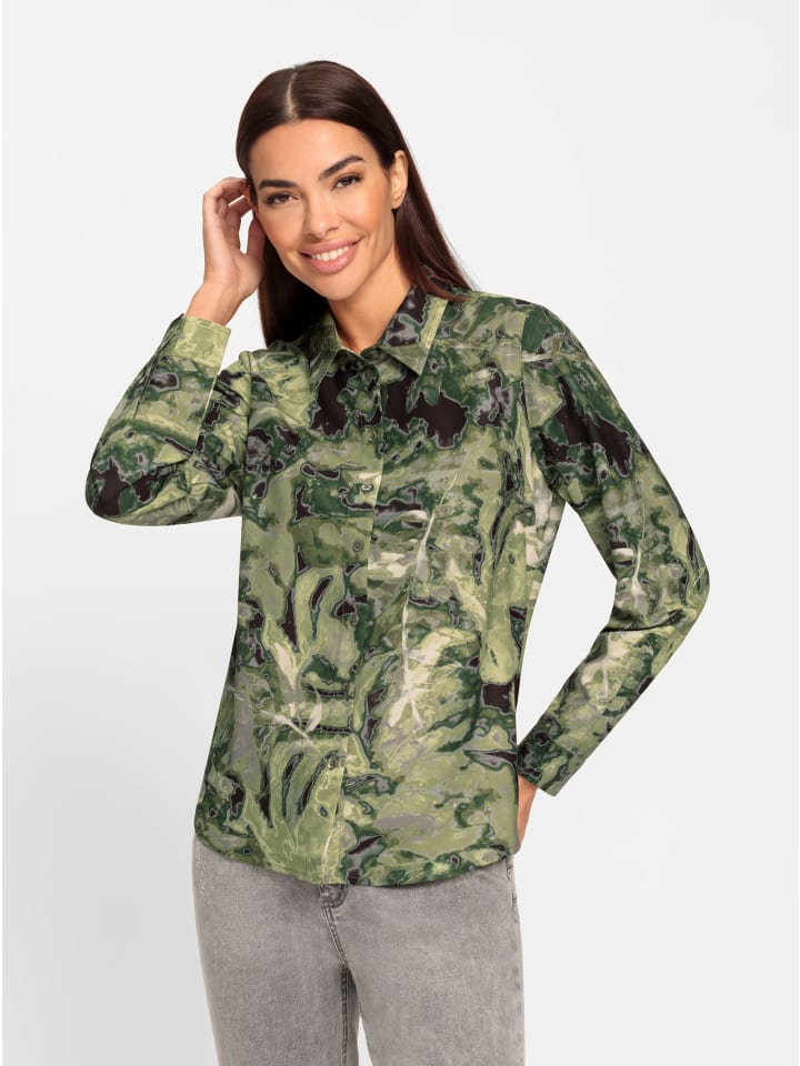 Druckbluse in khaki-lindgrün-bedruckt