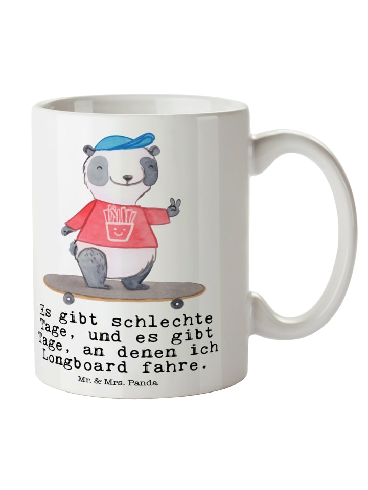 Becher Panda Longboard fahren mit Spruch in Weiß