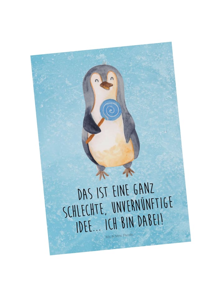 Postkarte Pinguin Lolli mit Spruch in Eisblau