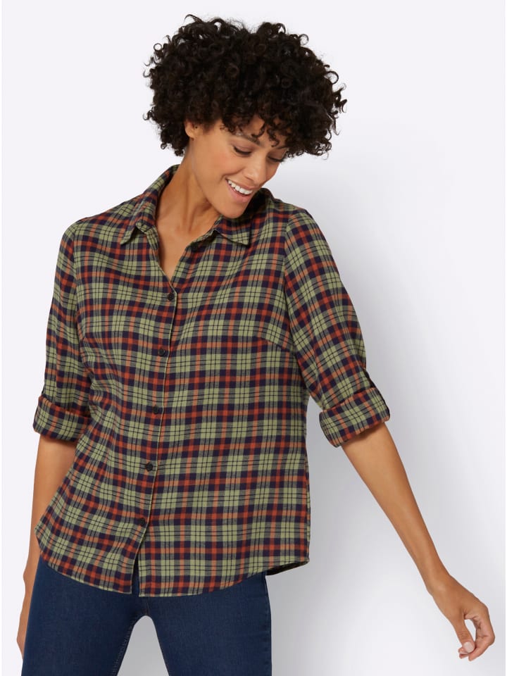 Flanell-Bluse in oliv-rostrot-kariert