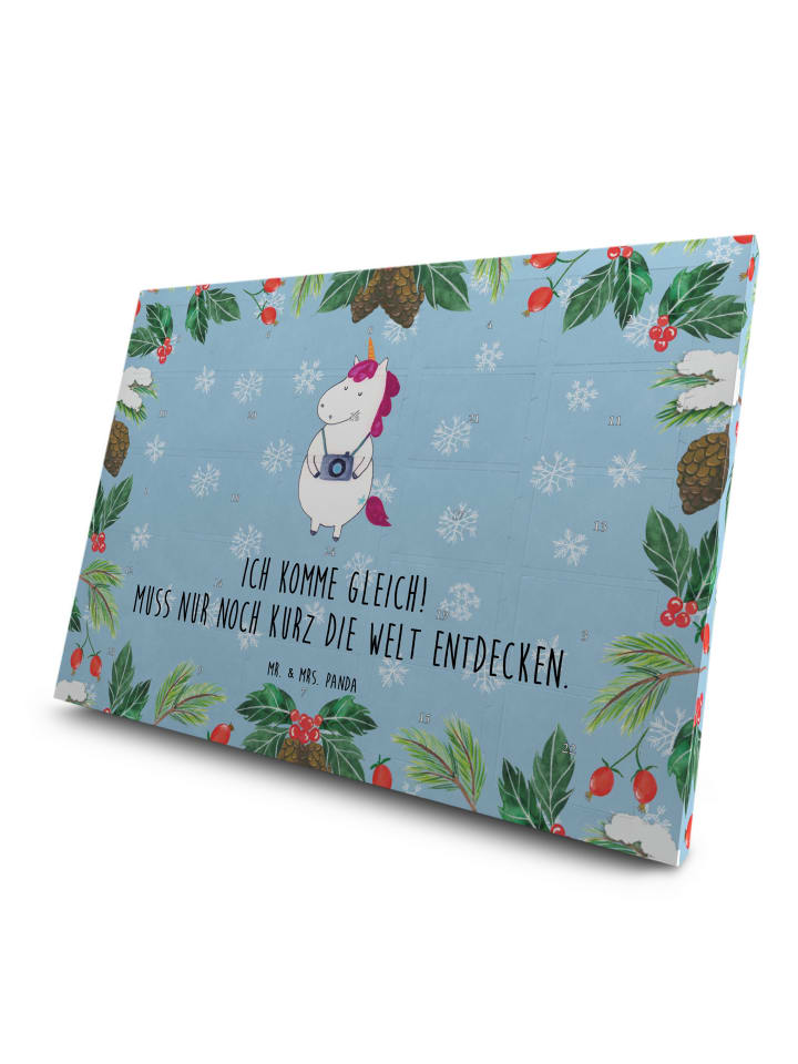 Adventskalender Einhorn Fotograf mit Spruch in Eisblau