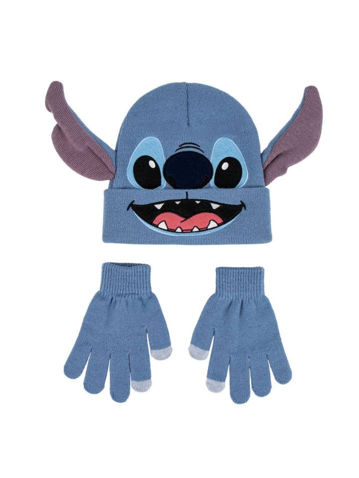 Disney Stitch 2er Set Kinder Winter Accessoire Mütze Handschuh in Mehrfarbig