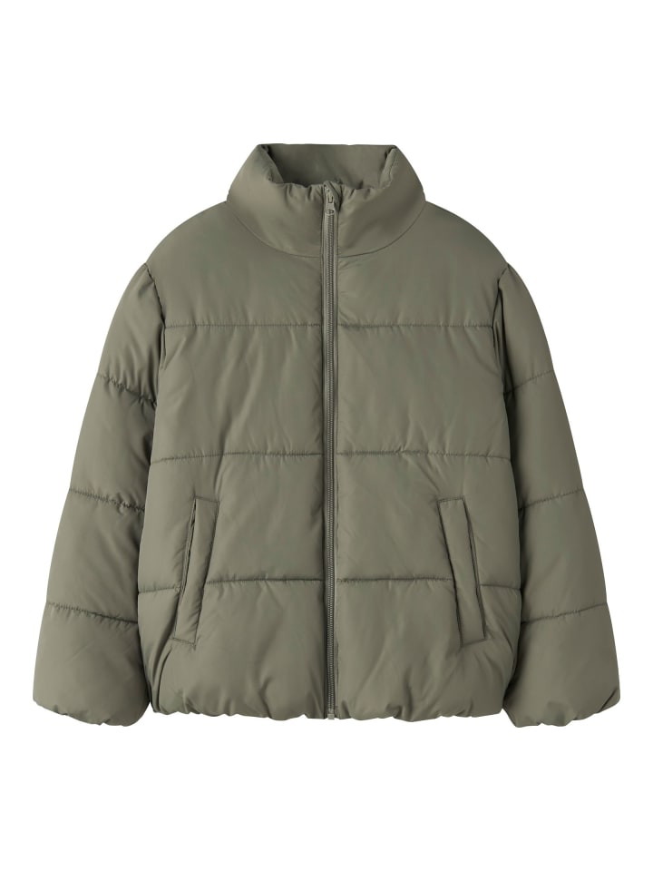 Jacke Langarm Stehkragen Reißverschluss Unifarben in Olive-2