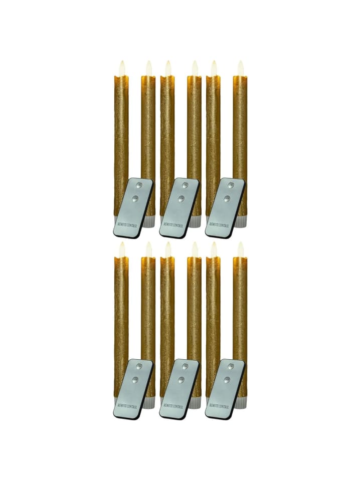 Stabkerzen LED mit Timer GOLD 12 Stück indoor - 6 Stunden - ECHTWACHS in Gold