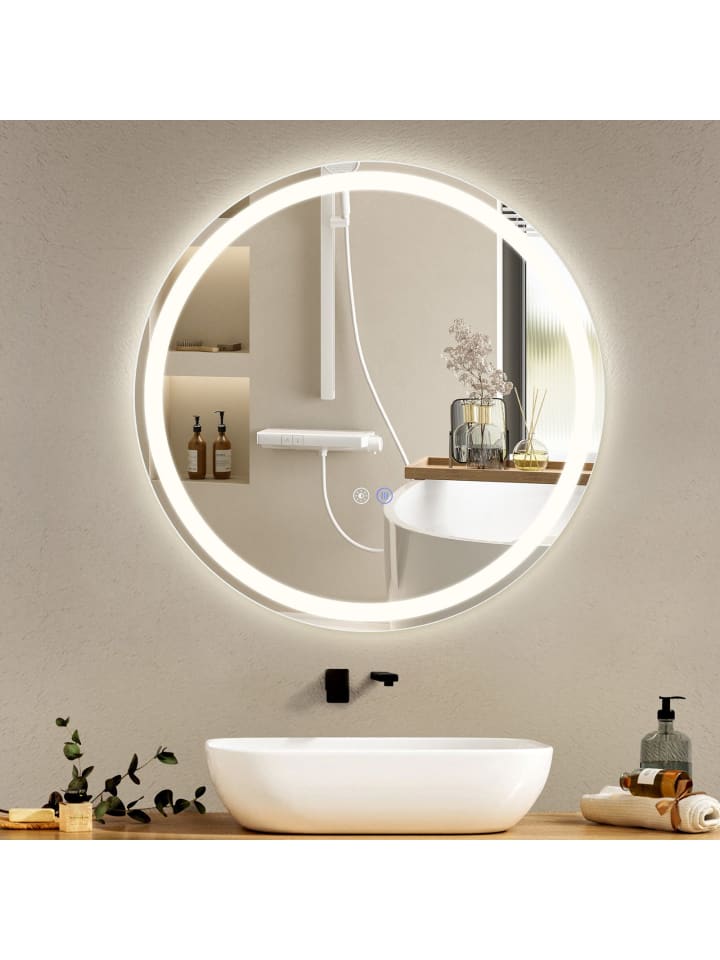 Badspiegel mit Beleuchtung in nickel rund Ø50cm Dimmbar mit Touch-Schalter