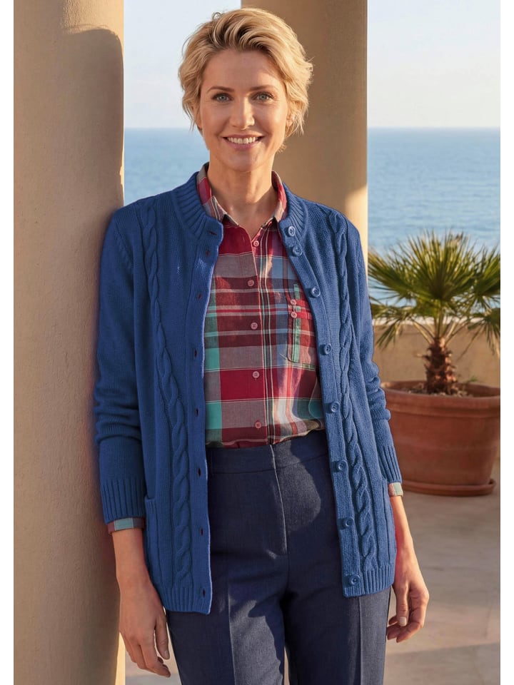 Kurzgröße: Cardigan mit Zopfmuster in dunkelblau
