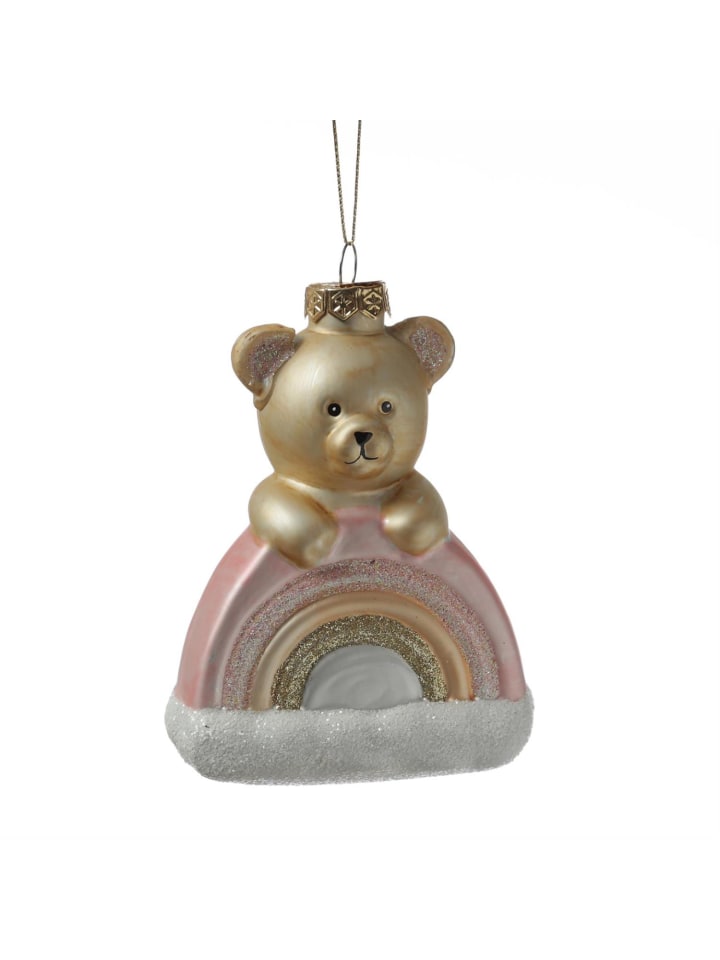 Weihnachtsbaumschmuck Teddybär mit Regenbogen Glas H: 13,5cm in rosa