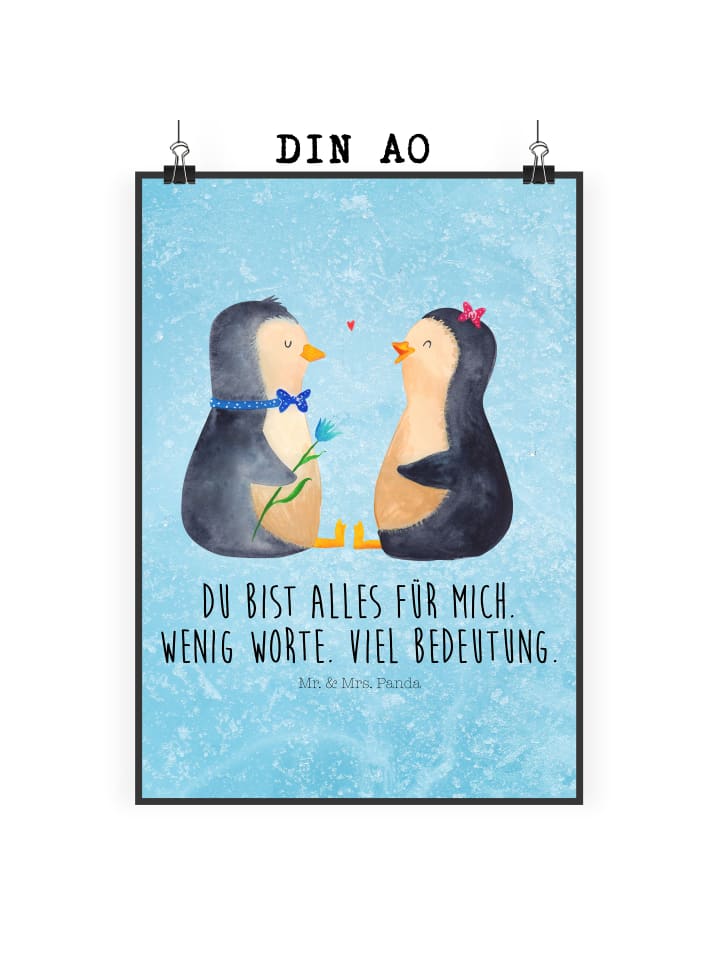 Poster Pinguin Pärchen mit Spruch in Eisblau