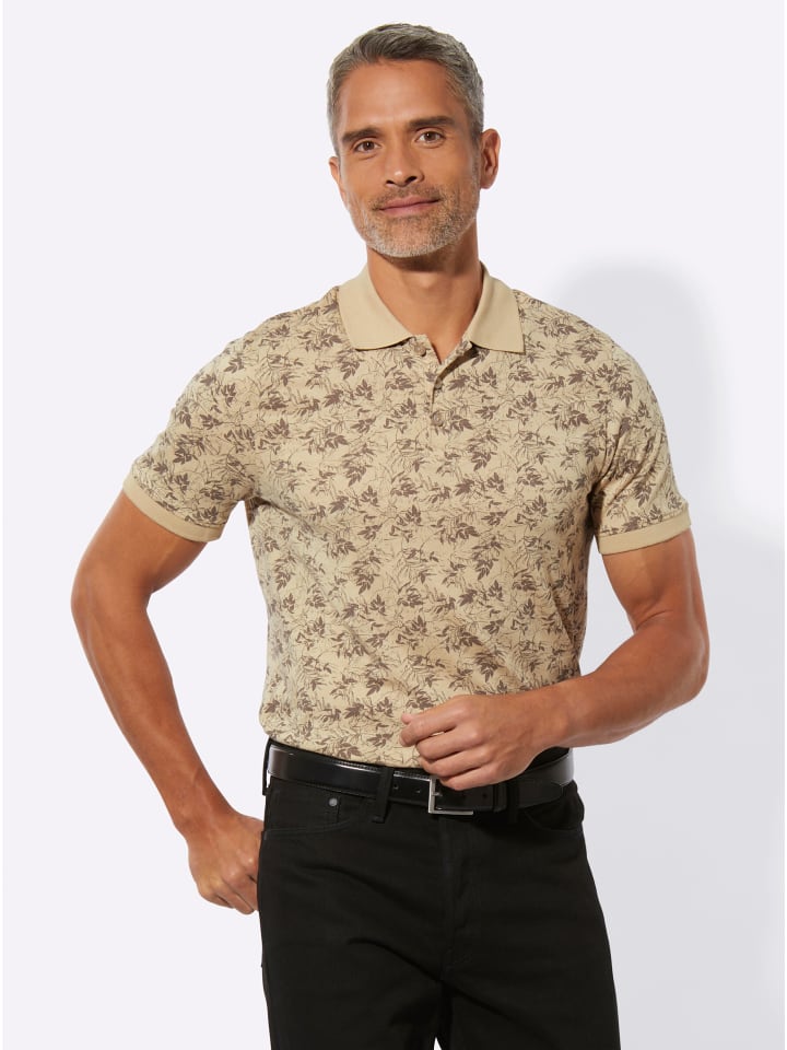 Kurzarm-Poloshirt in sand-dunkeltaupe-bedruckt