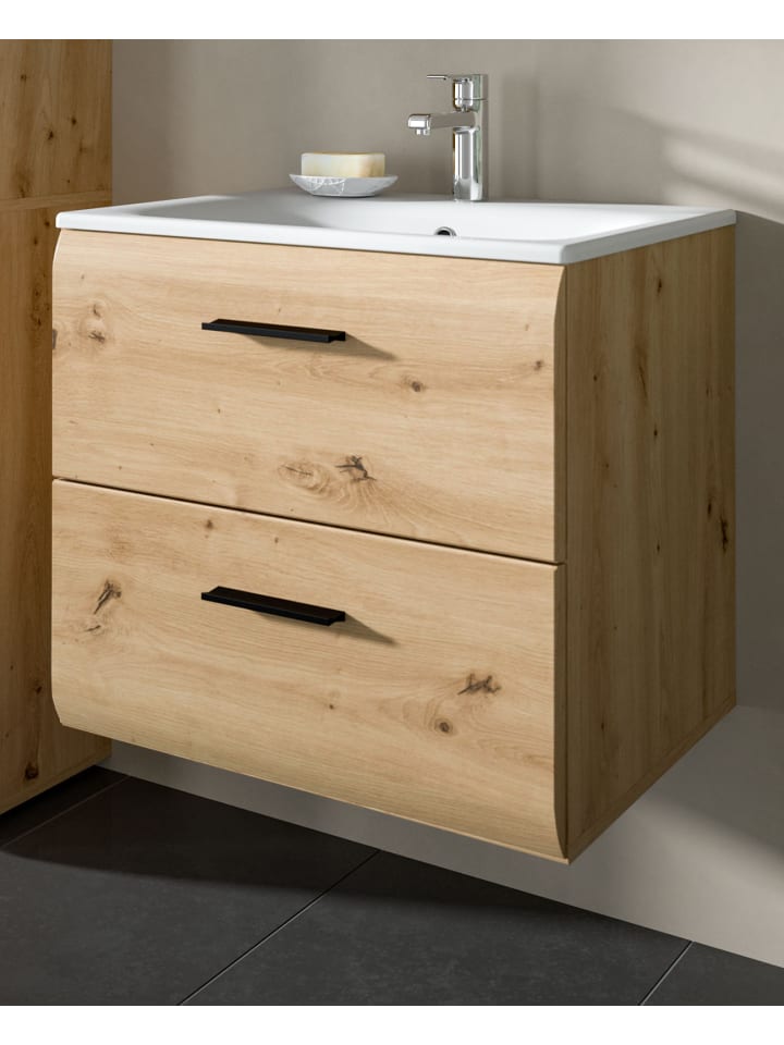 Waschtisch inklusive Waschbecken, Waschbeckenunterschrank Eiche hängend 60 cm