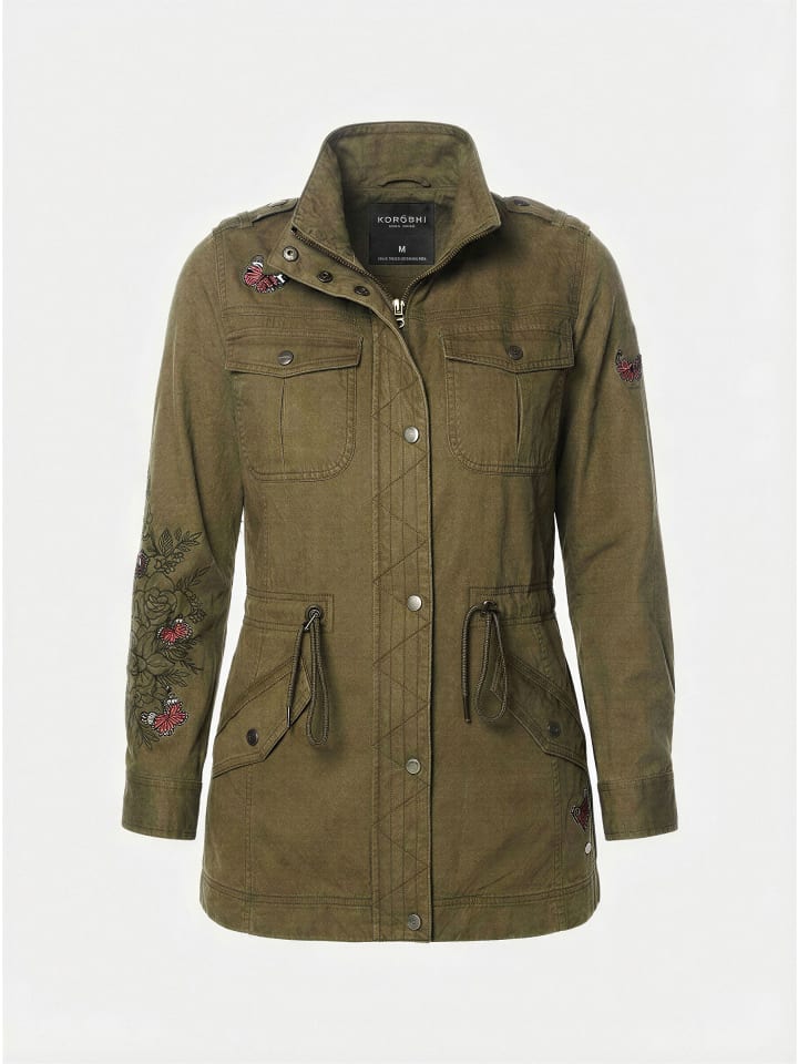 Damentüchtige verstellbare talie bestickte parka in khaki