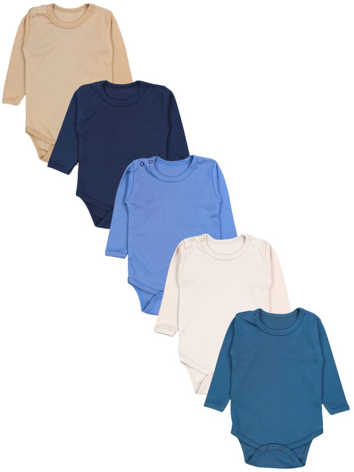 Jungen Baby Body Langarm 5er Pack in blau/beige