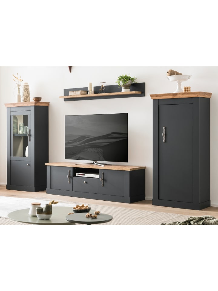 Wohnwand 4-teilig grau, Eiche Wotan, Landhaus 322 cm, Kombination mit Soft-Close