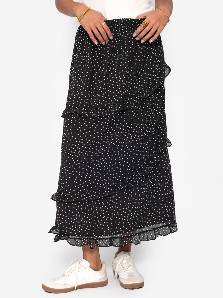 Gepunkteter langer Chiffon Rock mit Rüschen in Schwarz