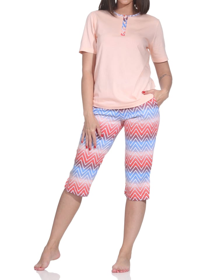 Kurzarm Capri Schlafanzug Pyjama Übergröße Zick Zack Muster in apricot