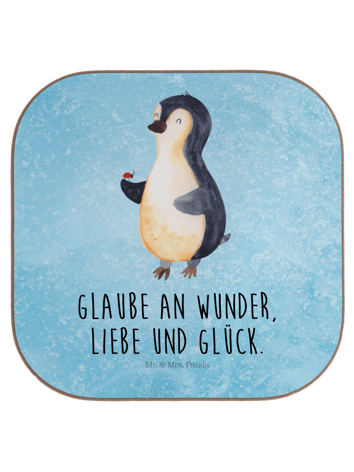 Tischuntersetzer Pinguin Marienkäfer mit Spruch in Eisblau
