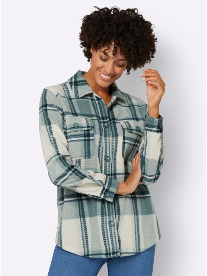 Fleece-Bluse in champagner-jade-kariert