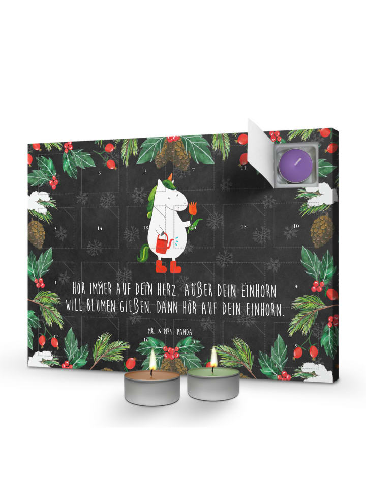 Adventskalender Einhorn Gärtner mit Spruch in Kreidetafel