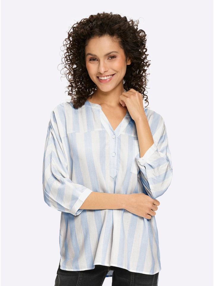 Bluse in ecru-himmelblau-gestreift