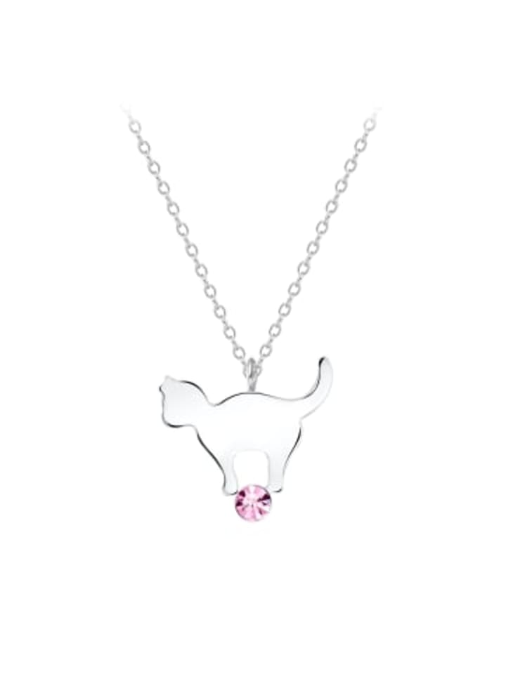 Kette mit Anhänger KATZE mit Kristall light rose in 925 Silber in silber