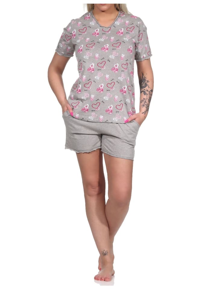 kurzarm Shorty Schlafanzug Herz - 72875 in Grau