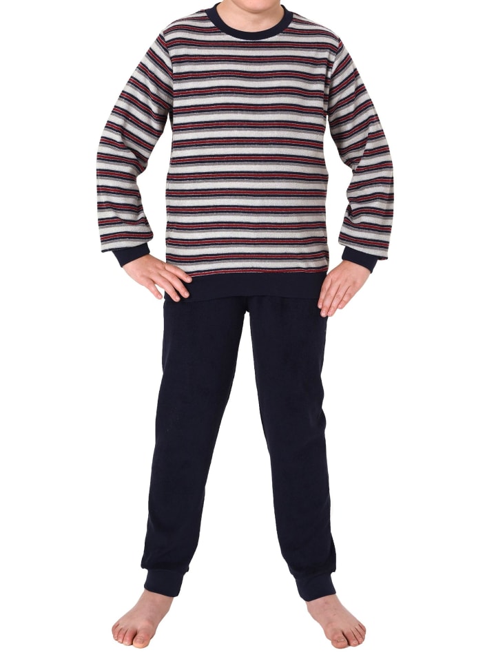 Frottee Schlafanzug Pyjama langarm Bündchen Streifen - 77014 in grau