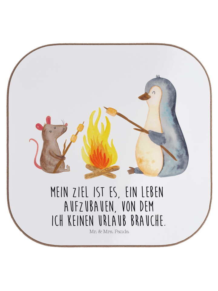 Bierdeckel Pinguin Lagerfeuer mit Spruch in Weiß