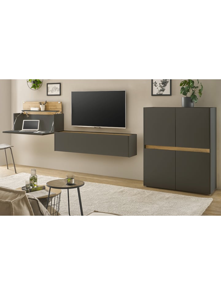 Wohnwand 3-teilig grau matt, Eiche Wotan 370 cm, Schrankwand mit Sekretär