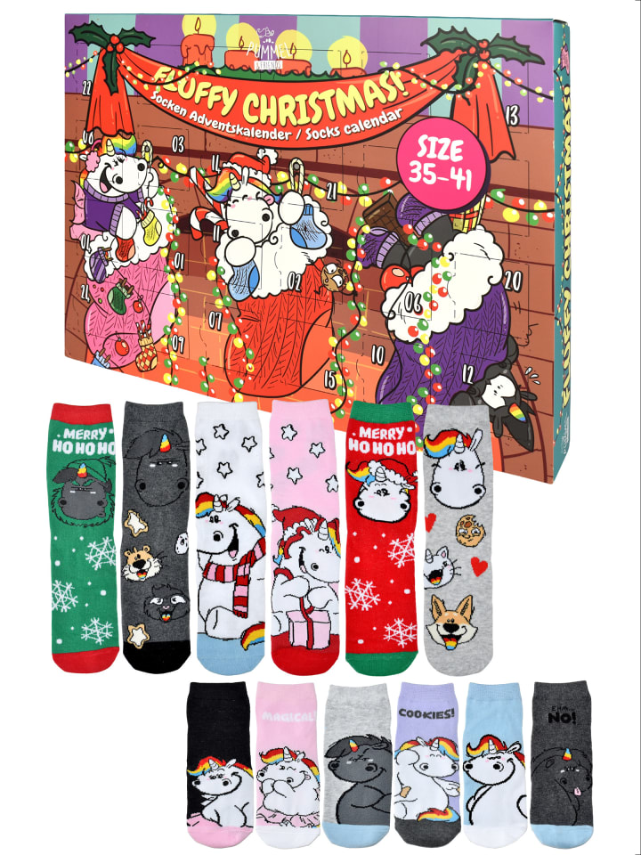 Pummeleinhorn Socken Adventskalender mit 12 Paar kurz und lang in Mehrfarbig