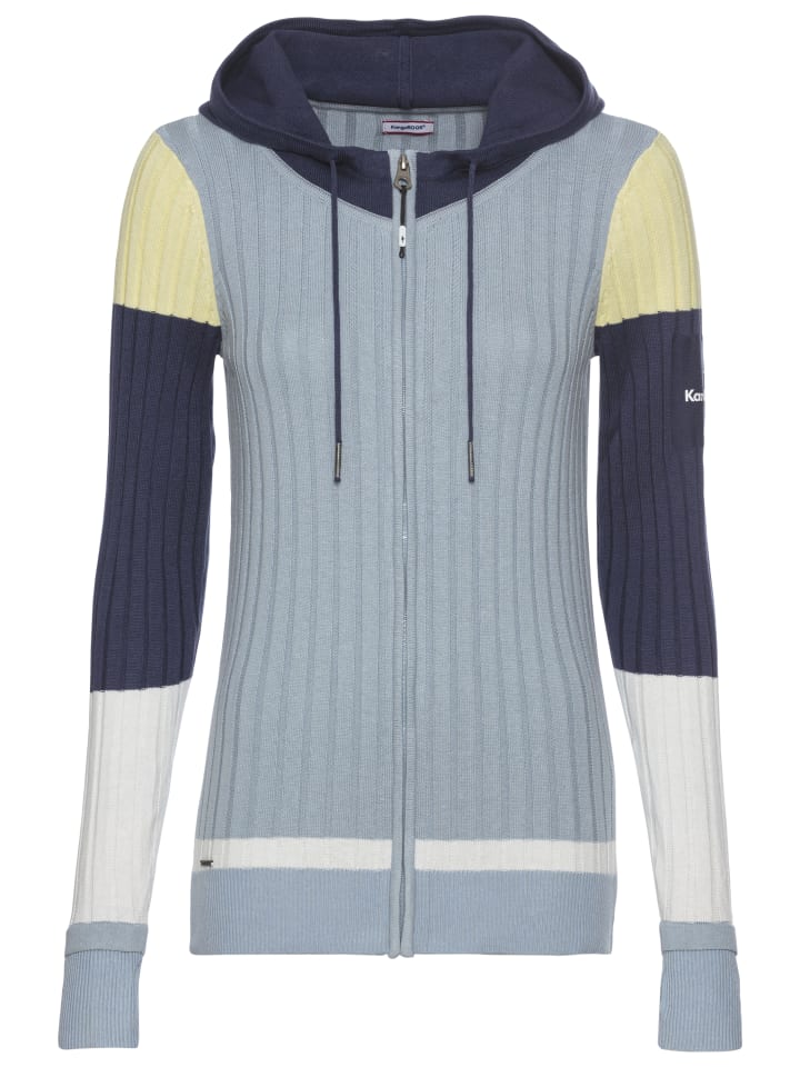 Kapuzenstrickjacke in blau-weiß