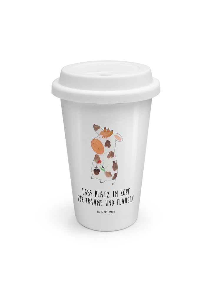 Kaffeebecher Kuh mit Spruch in Weiß