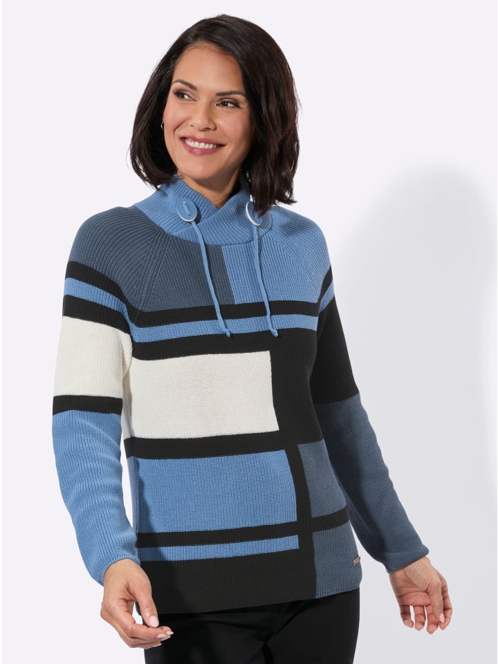 Stehkragen-Pullover in rauchblau-ecru-gemustert