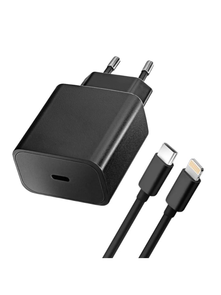 LadegerätUSB-C-Anschluss und iPhone-Kabel - 3A 20W in Schwarz