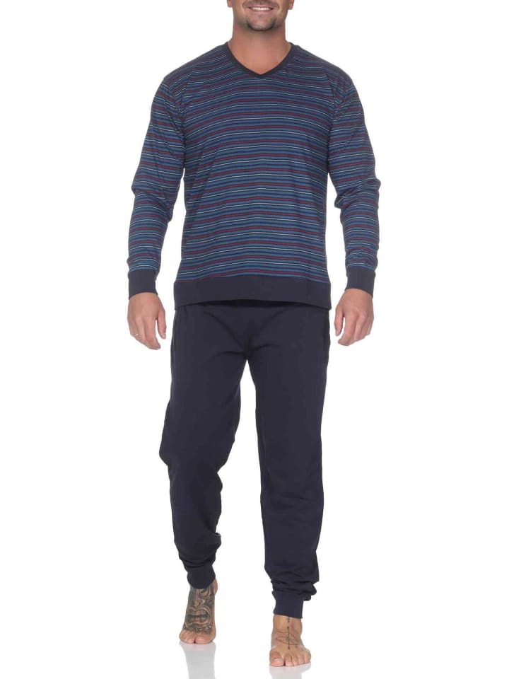Langarm Schlafanzug Pyjama Bündchen Streifen in navy