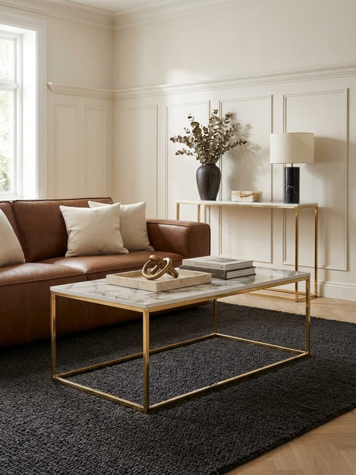 Couchtisch 100x60x40 cm mit Marmor Optik / Gold, Wohnzimmertisch in Weiß