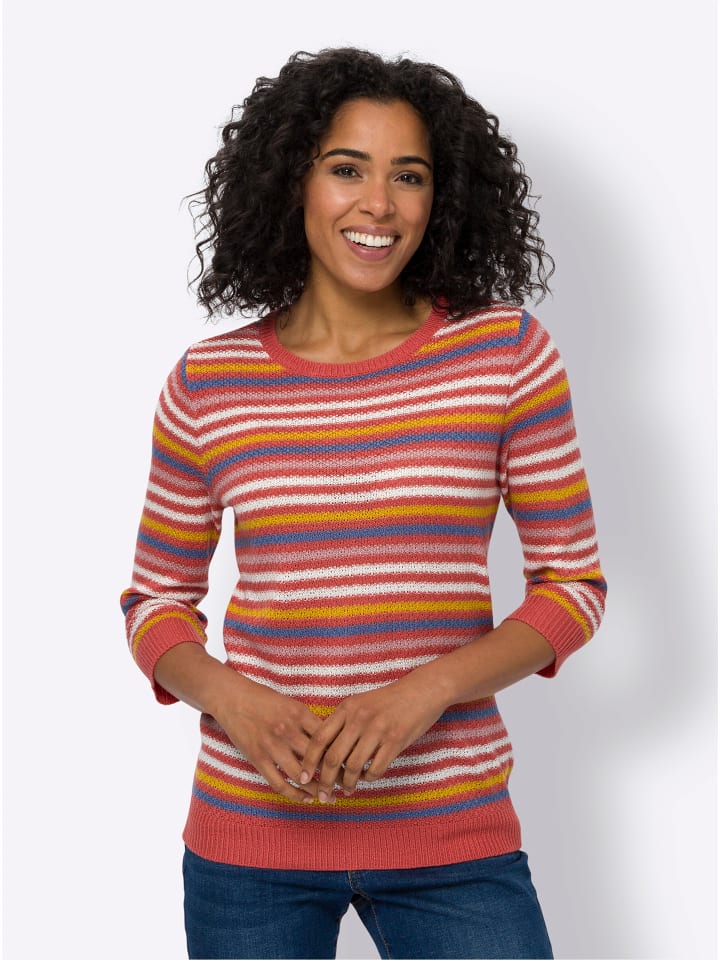 Ajour-Pullover in grapefruit-ecru-geringelt
