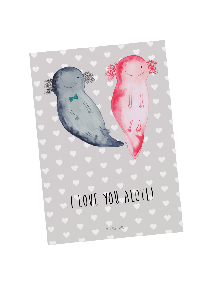 Mr. & Mrs. Panda Postkarte Axolotl Liebe mit Spruch in Grau Pastell