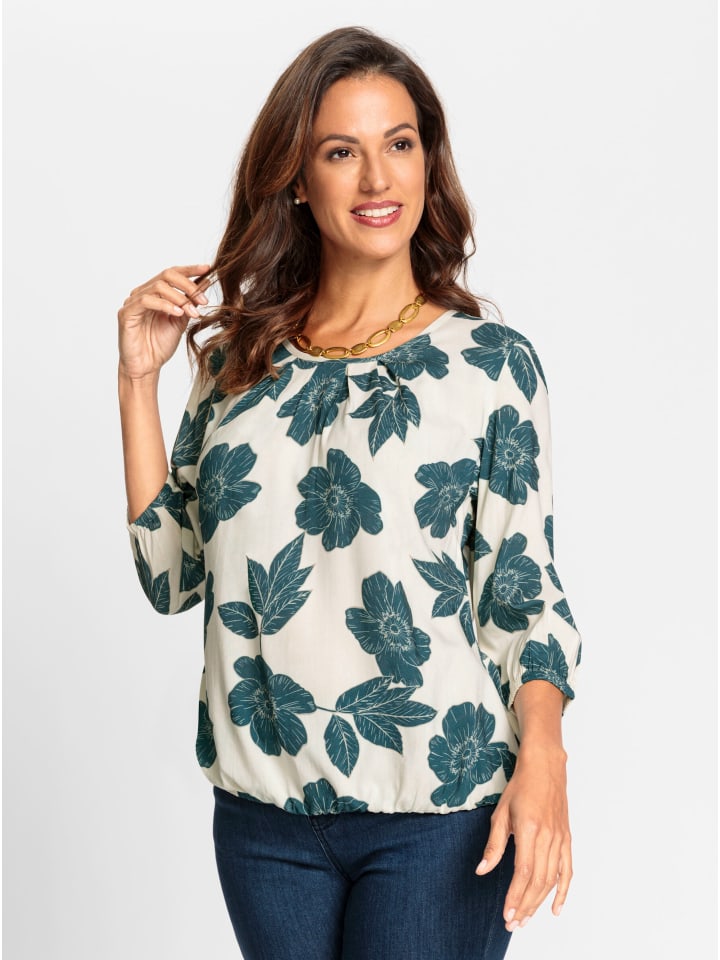 Bluse in champagner-petrol-bedruckt