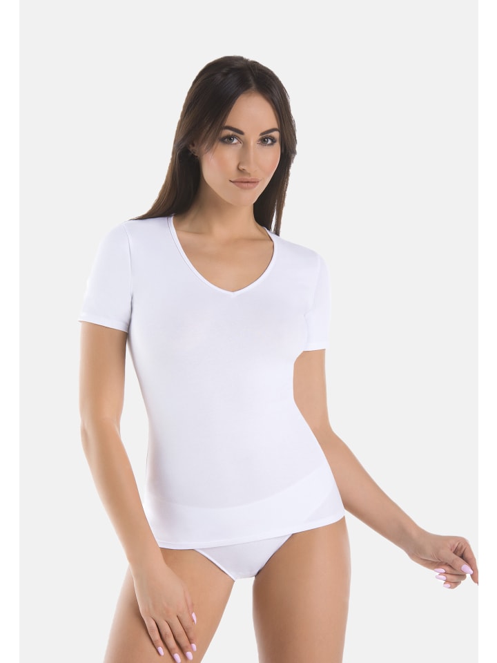 Baumwoll-T-Shirt mit V-Ausschnitt Deko-V in weiß