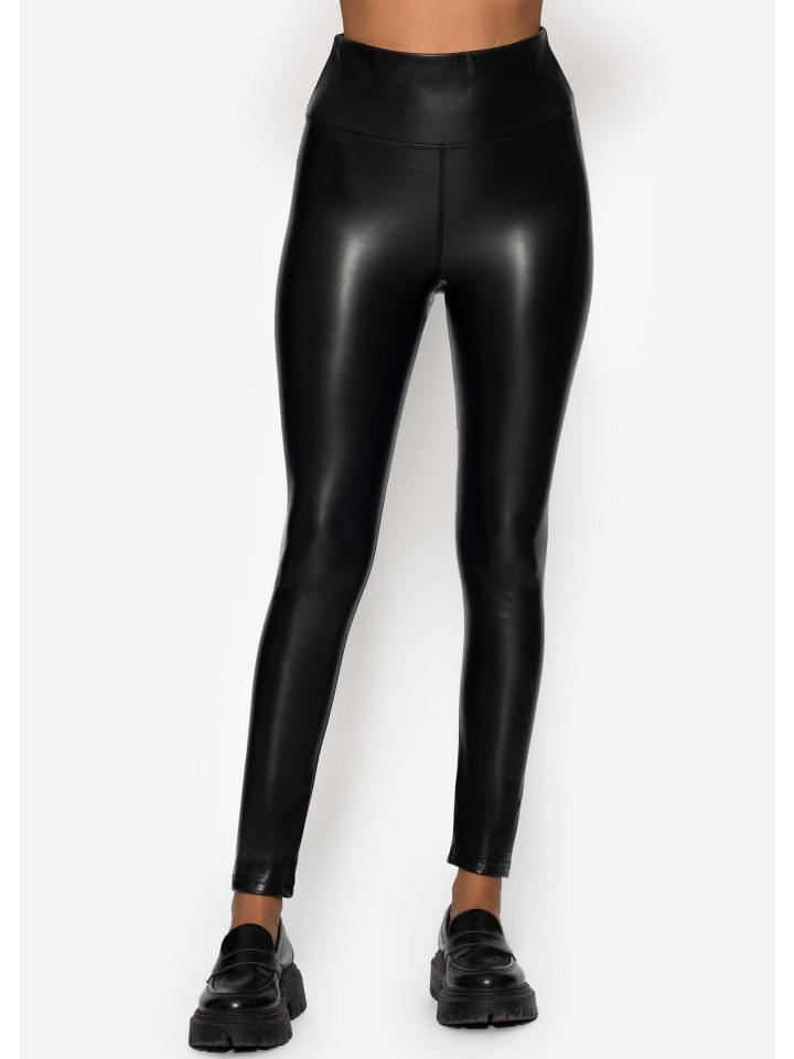 High-Rise Lederleggings mit breitem Bund in Schwarz
