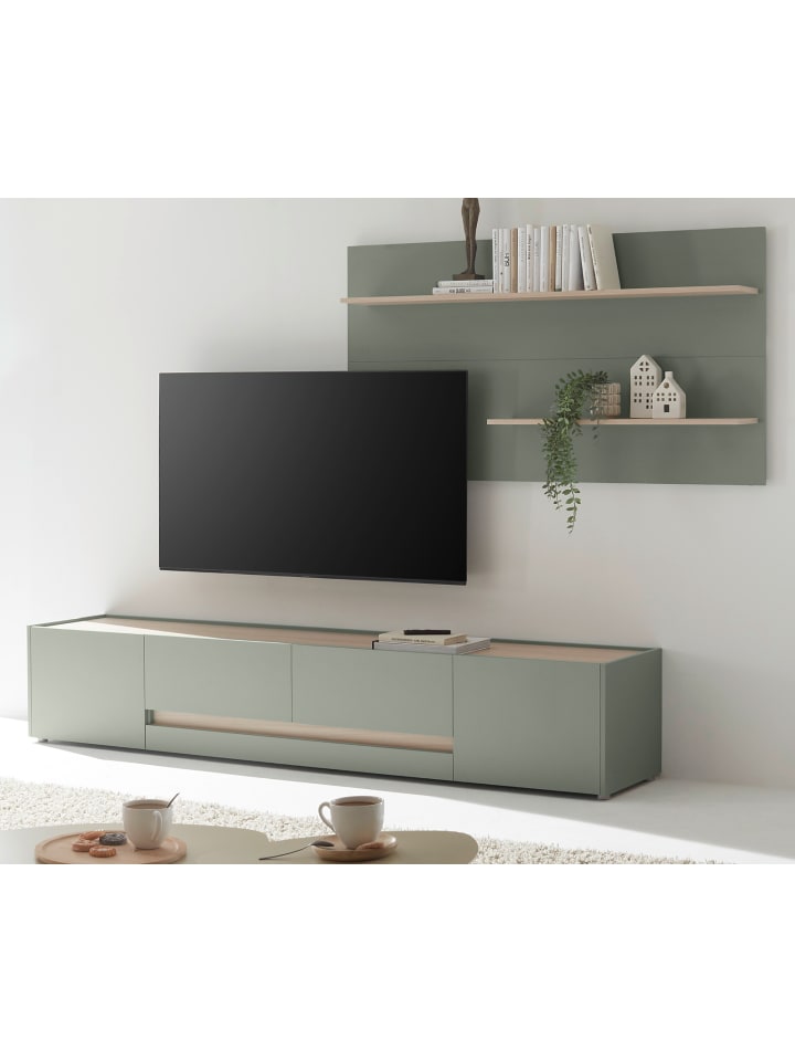 Wohnwand in Salbei Grün, Eiche 2-teilig, Wohnkombination mit XXL TV-Lowboard