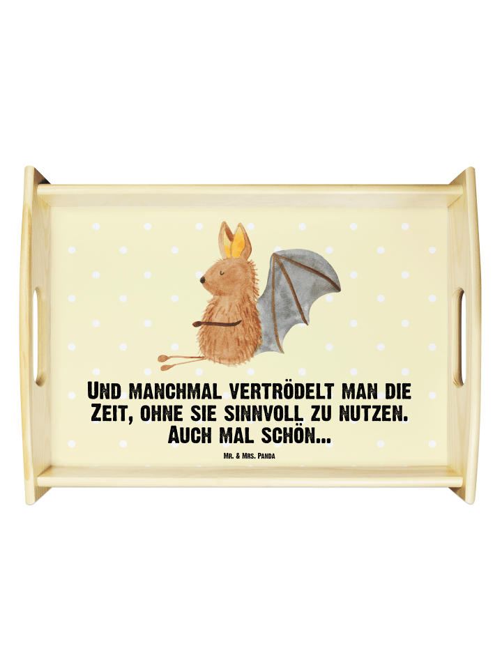 BettTablett Fledermaus Sitzen mit Spruch in Gelb Pastell